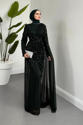 MERVEN AKYÜZ Clair Zımba Taşlı Tül Abiye Zümrüt