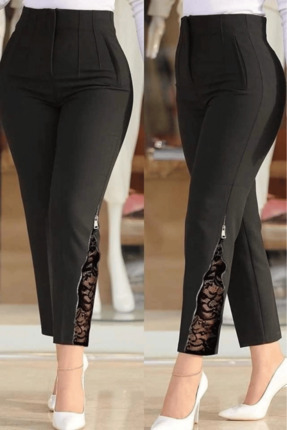 GENİRA Yüksek Bel Paça Fermuarlı Dantel Detaylı Kadın Tayt Pantolon