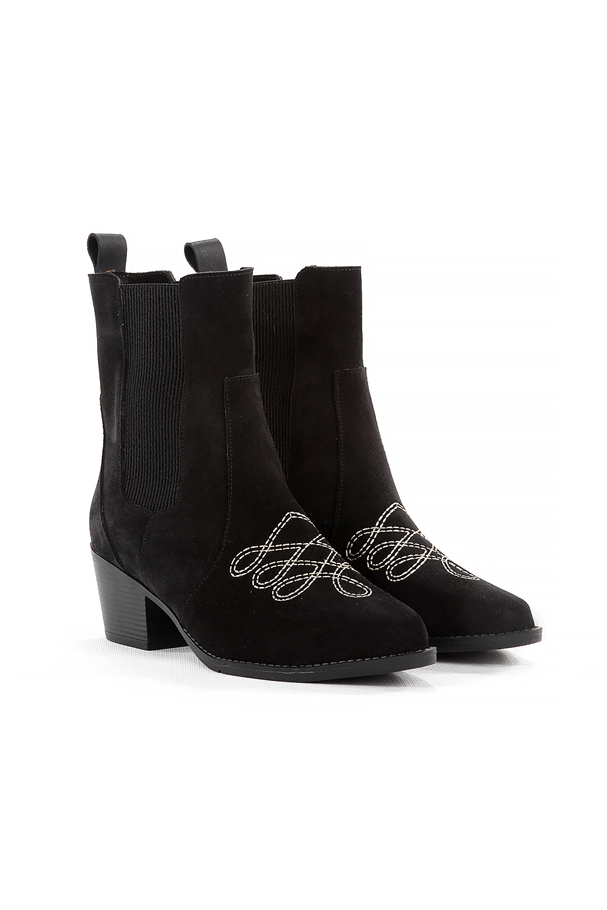 SHOES Embroidery Detailed Side Elastic Genuine Suede Leather Cowboy Stylish Casual Black Suede Women's Boots