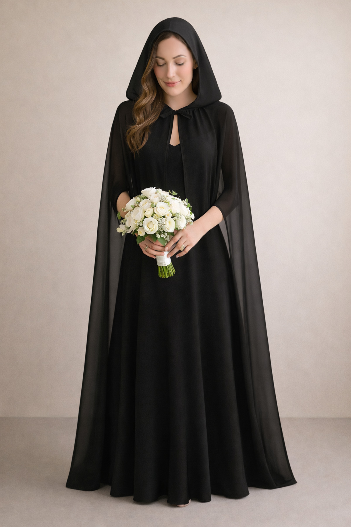 Misue Handmade Şifon Kapüşonlu Pelerin+ İç elbise, Fotoğraf Çekimi, Özel Gün Kıyafeti, Düğün Sabahlığı, Lohusa Seti