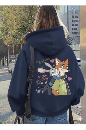 CLASSY.MODA Unisex Oversize Zootopia Nick & Judy Baskılı Kapüşonlu Sweatshirt