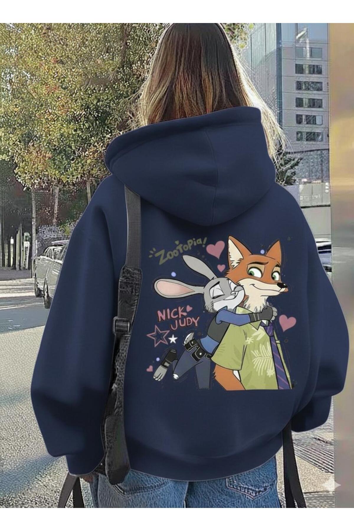 CLASSY.MODA  Unisex Oversize Zootopia Nick & Judy Baskılı Kapüşonlu Sweatshirt