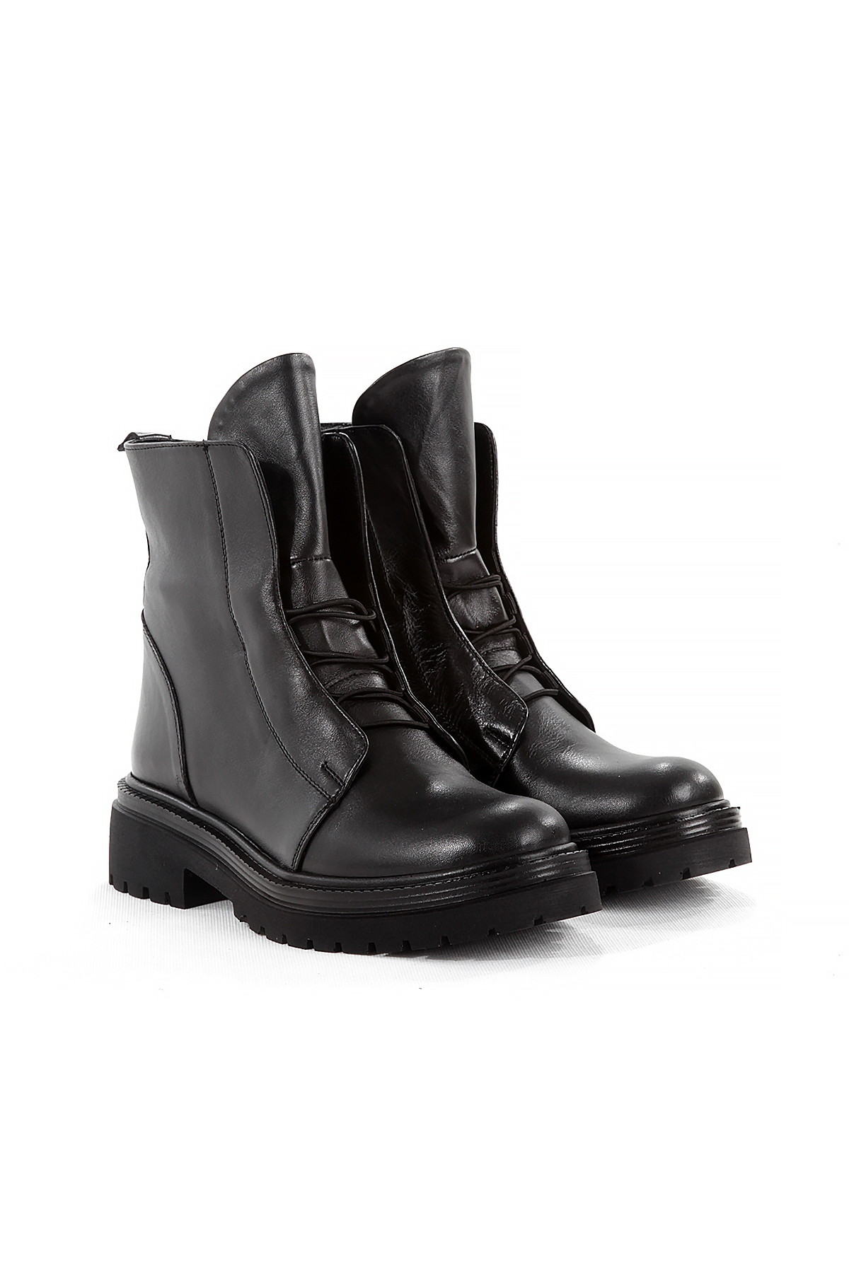 Genuine Leather Black Skin Stylish Casual Women's Boots with SHOES Laces and Zipper Detail