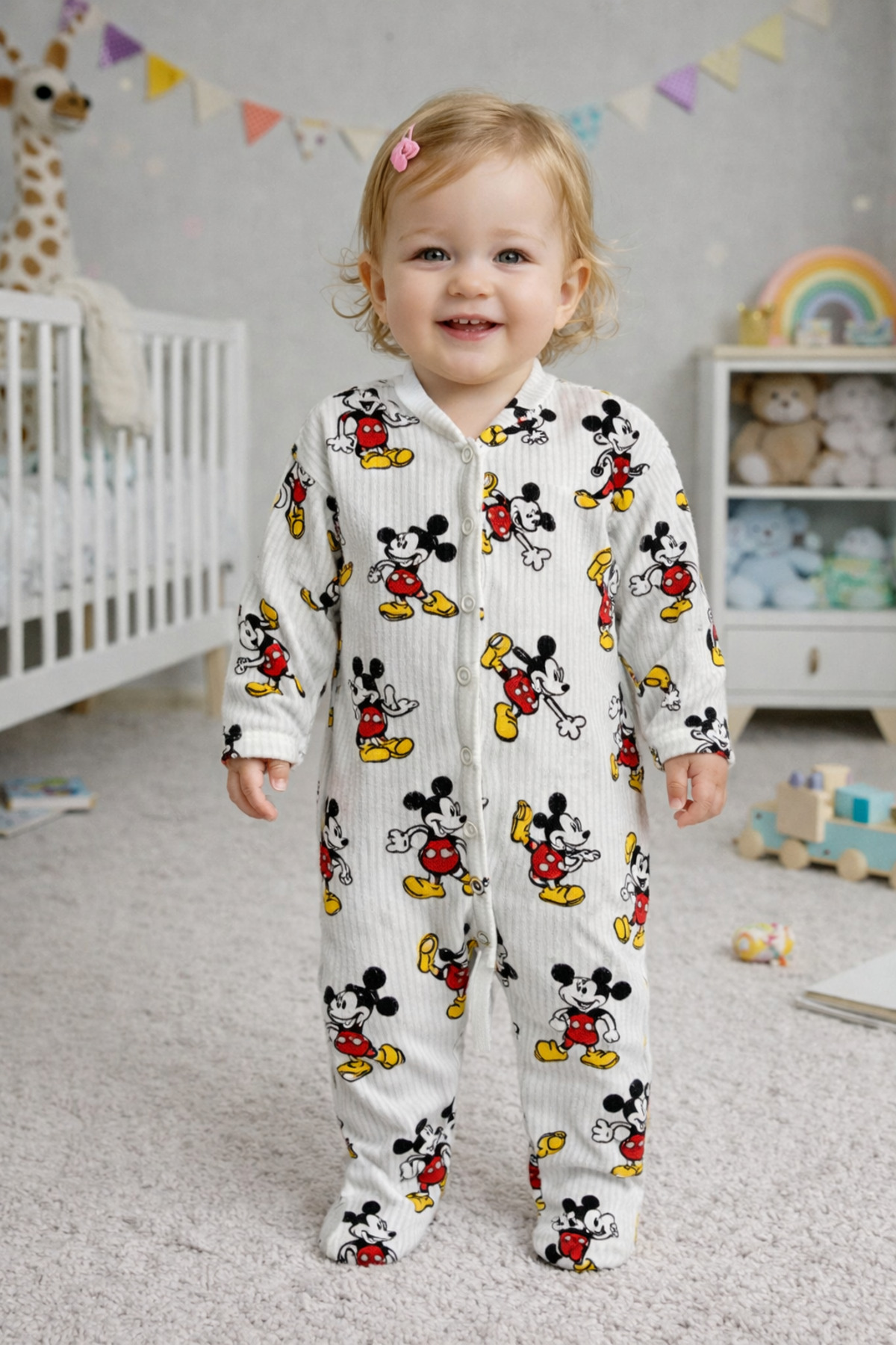 Mickey Mause Patterned Baby Romper with Bootees and Snap Fastener - White
