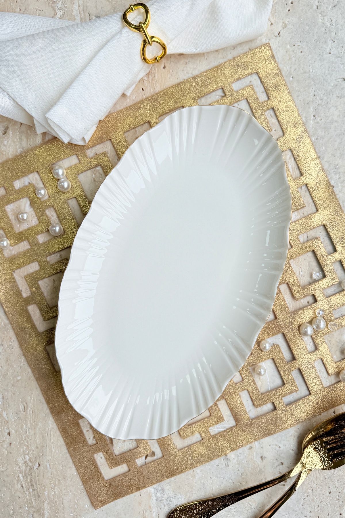 Aura Gold 2-Piece 30 Cm Premium Porcelain Large Size Boat Serving Set (Gold)