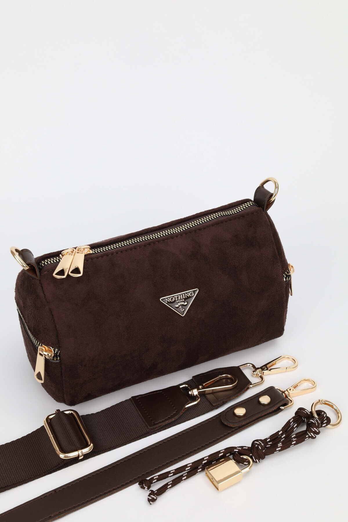 NOTHING  Kadın Süet Kahve Kilit Charm Detaylı El Omuz ve Çapraz Çanta Alice - Görsel 8