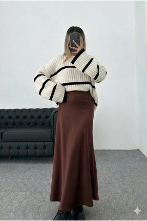 Lüx Sepet Saten Kumaş Beli Lastikli Uzun Etek