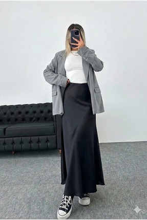 Lüx Sepet Saten Kumaş Beli Lastikli Uzun Etek