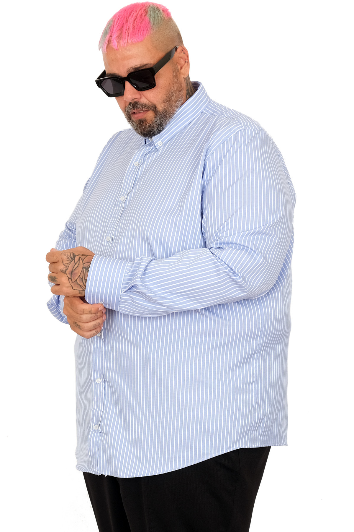 ModeXL Mode XL Büyük Beden Erkek Saten Çizgili Gömlek 20399 görsel 2