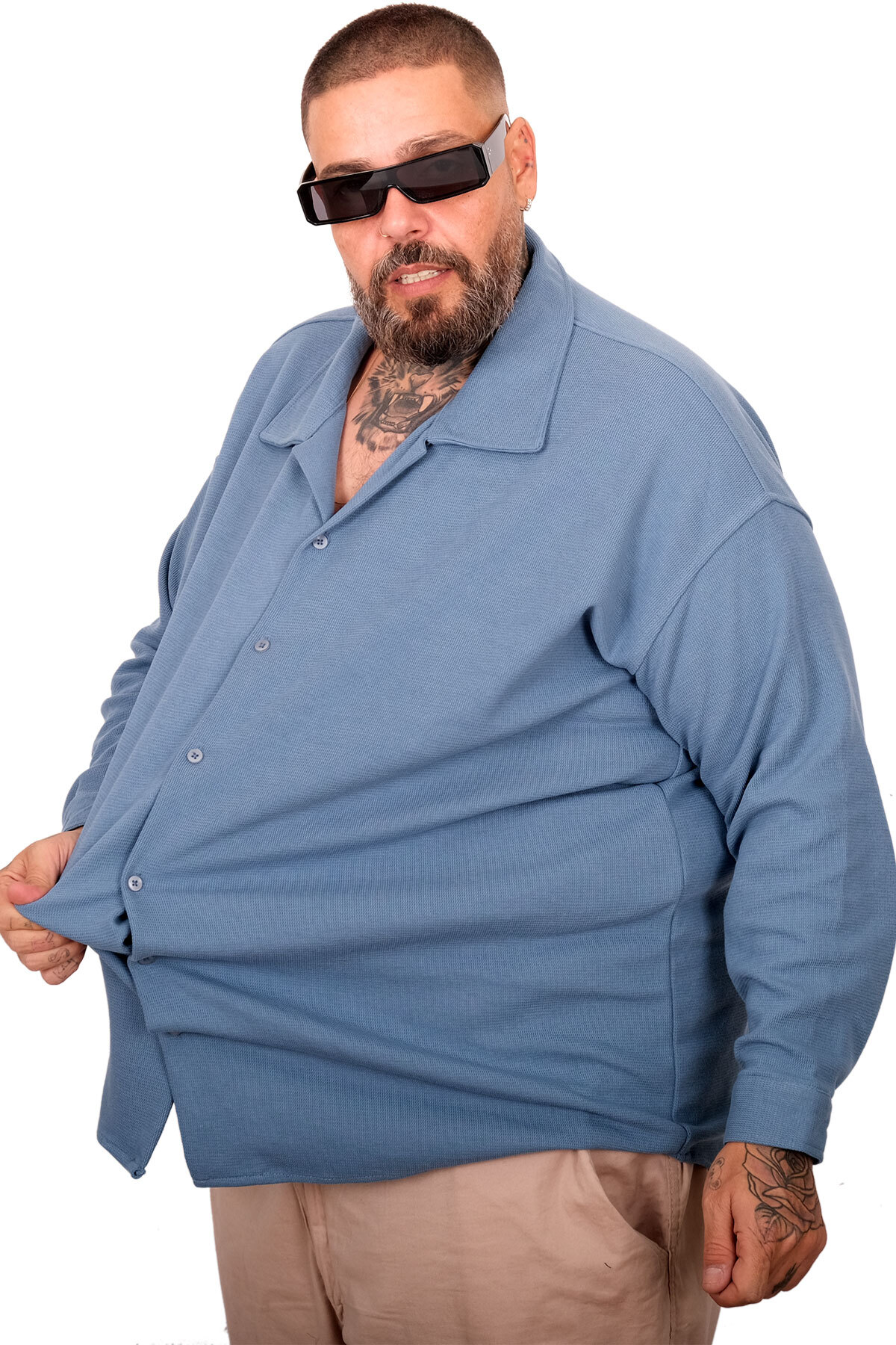 ModeXL Mode XL Büyük Beden Erkek Apas Gömlek 11108 mavi görsel 3