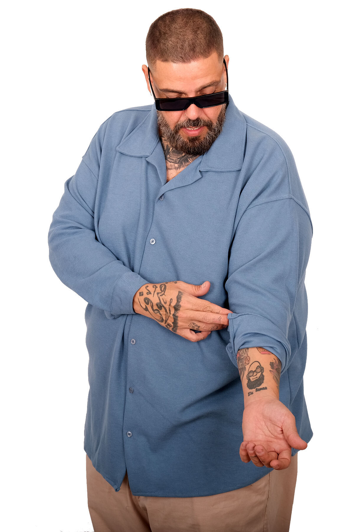 ModeXL Mode XL Büyük Beden Erkek Apas Gömlek 11108 mavi görsel 4