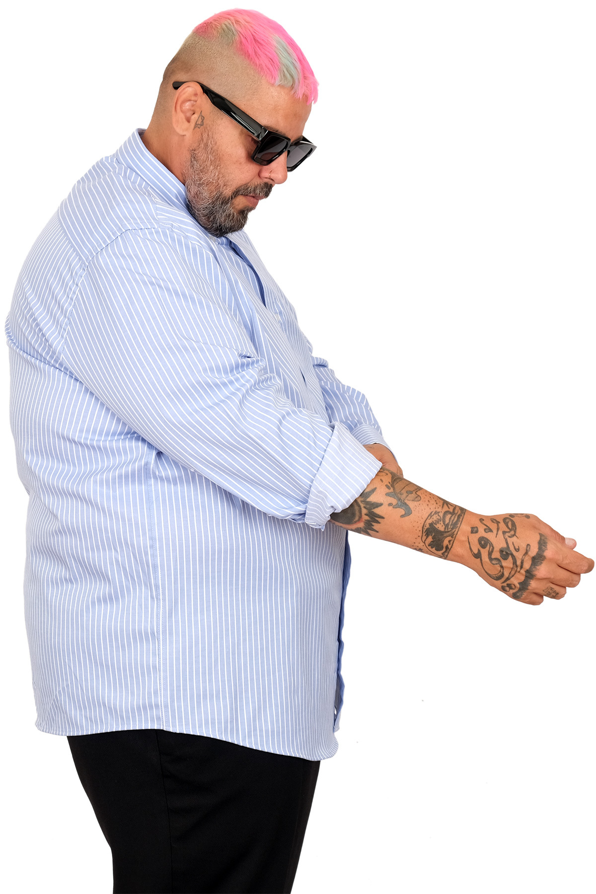 ModeXL Mode XL Büyük Beden Erkek Saten Çizgili Gömlek 20399 görsel 3
