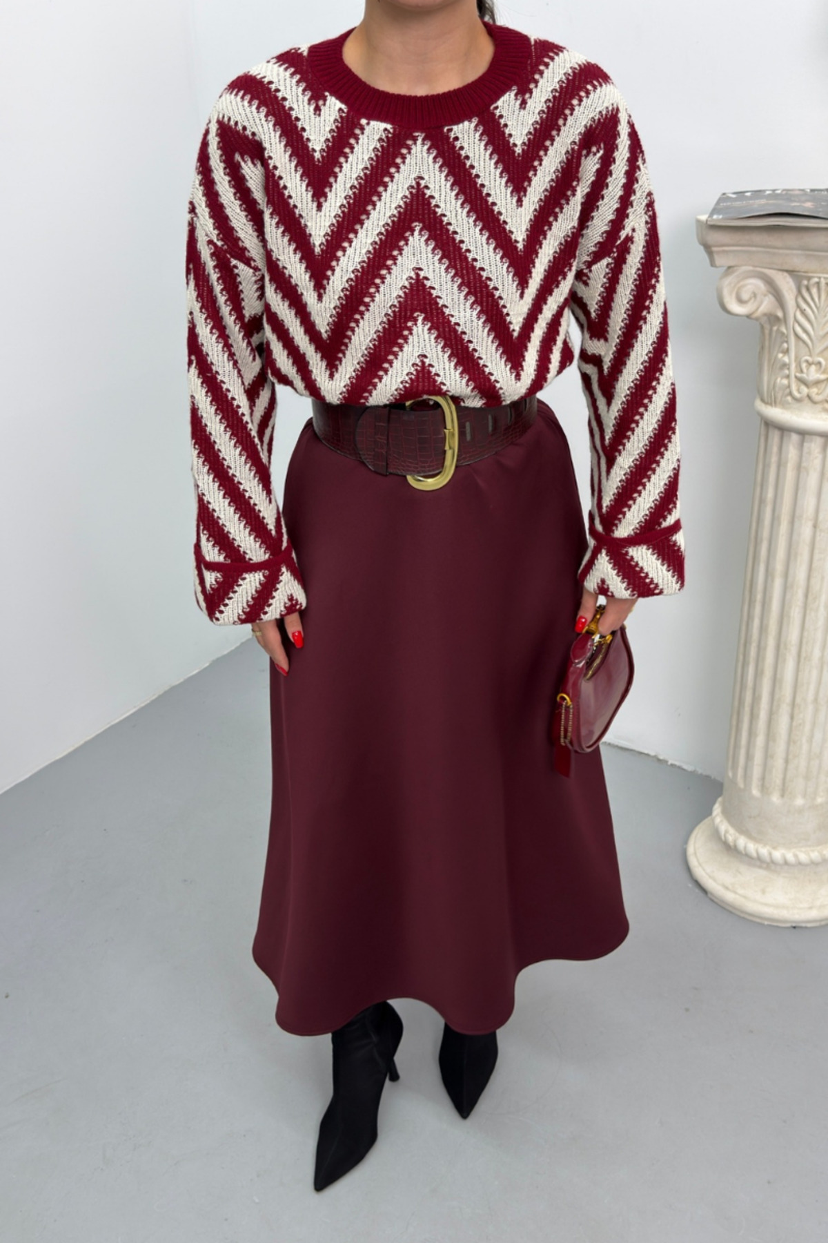 spirituel  Kadın Uzun Etek Beli Lastikli Scuba Kumaş Düz Renk A Kesim Çan Etek - Görsel 6