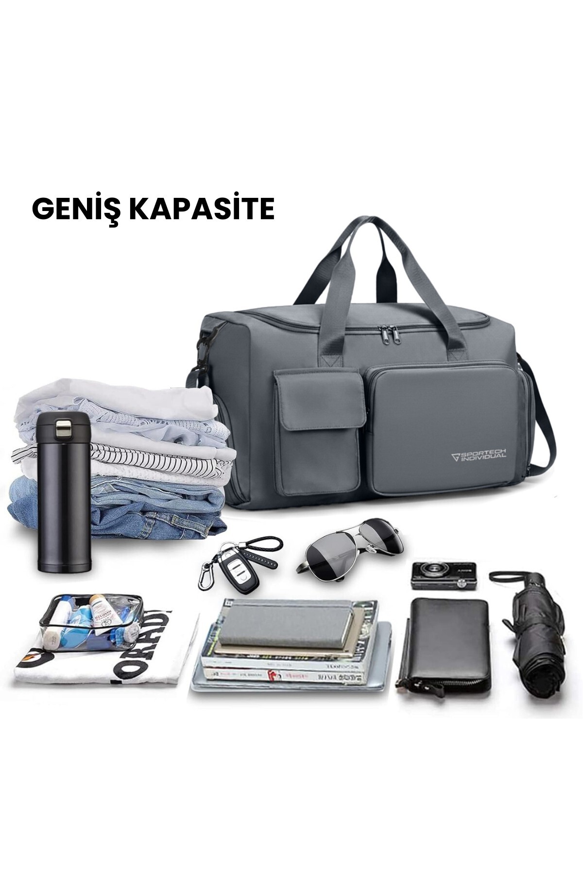 GHASSY CO . Unisex Ayakkabı Bölmeli Askılı Fonksiyonel Cepli Geniş Seyahat Fitness El ve Spor Çantası görsel 4