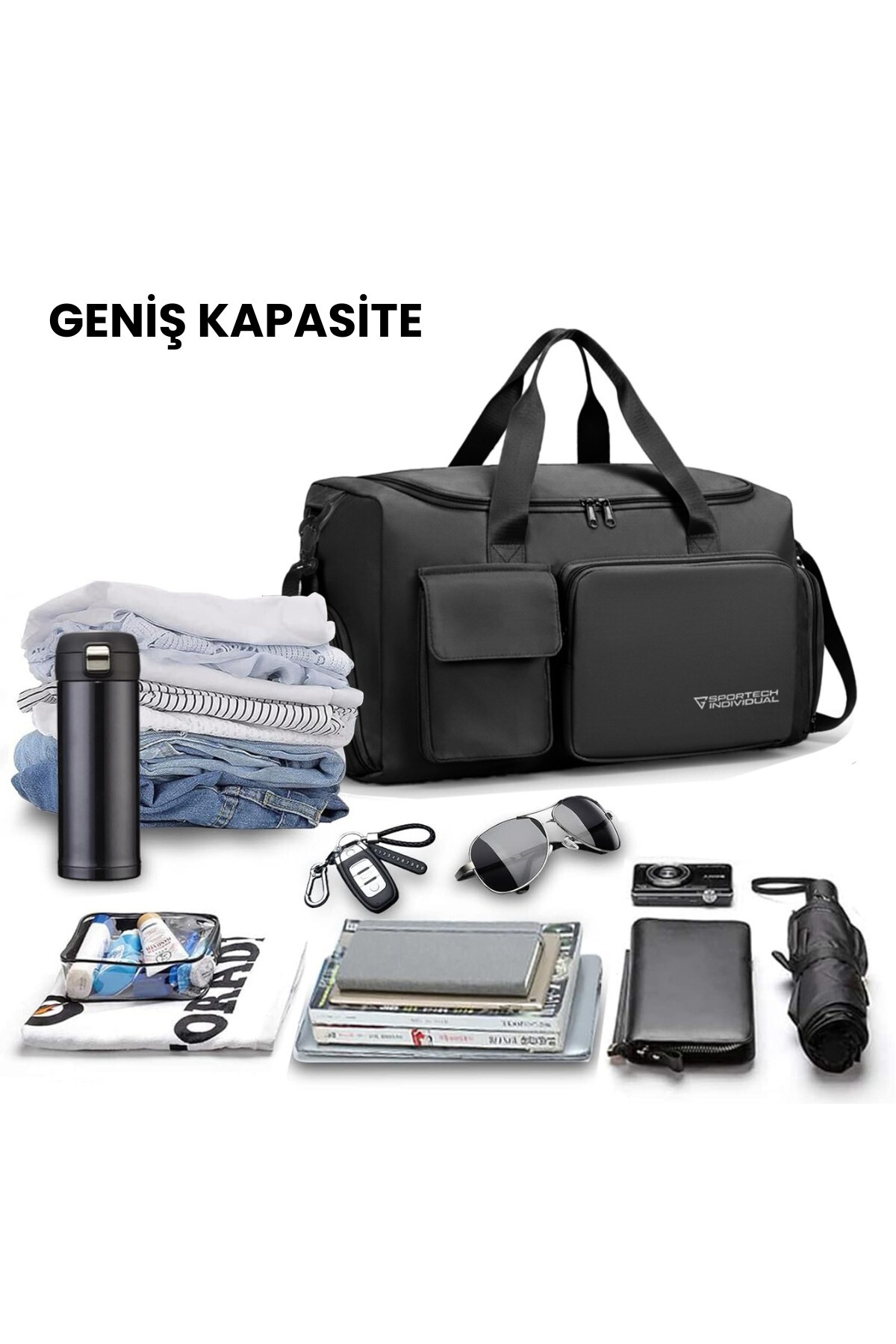 GHASSY CO . Unisex Ayakkabı Bölmeli Askılı Fonksiyonel Cepli Geniş Seyahat Fitness El ve Spor Çantası görsel 4