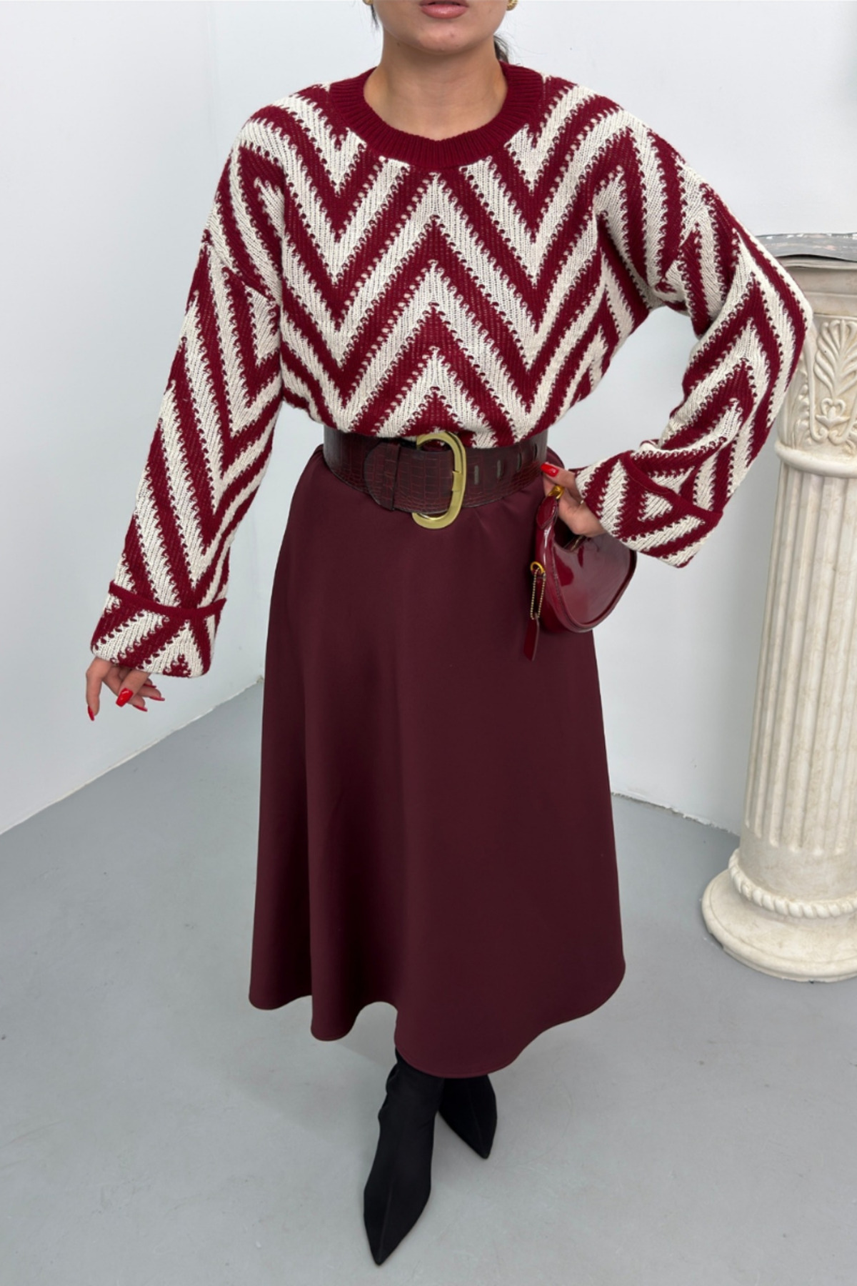 spirituel  Kadın Uzun Etek Beli Lastikli Scuba Kumaş Düz Renk A Kesim Çan Etek - Görsel 7