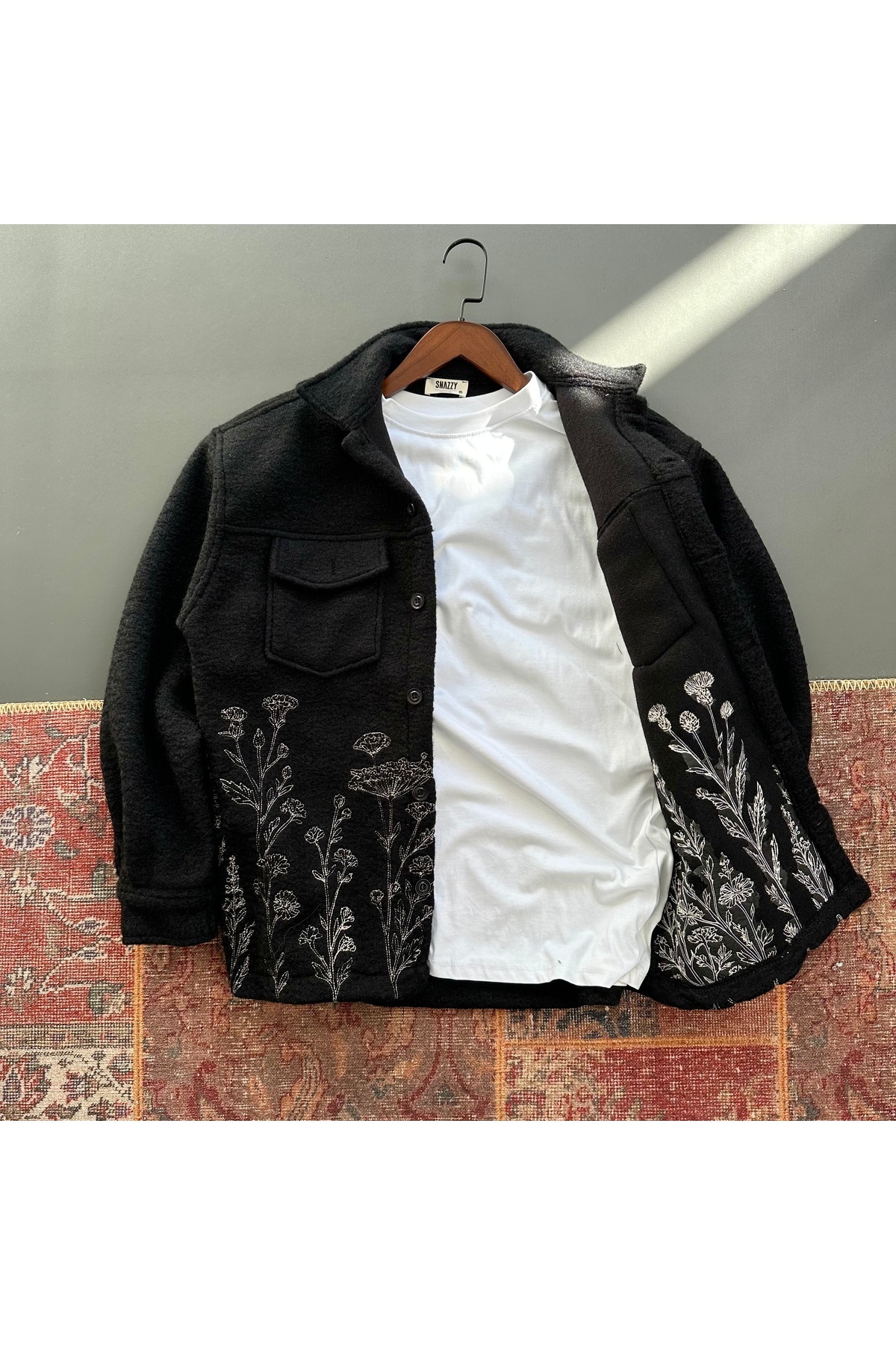 tiggir moda Nakışlı Yün Kaşe Ceket Rahat Kalıp görsel 4