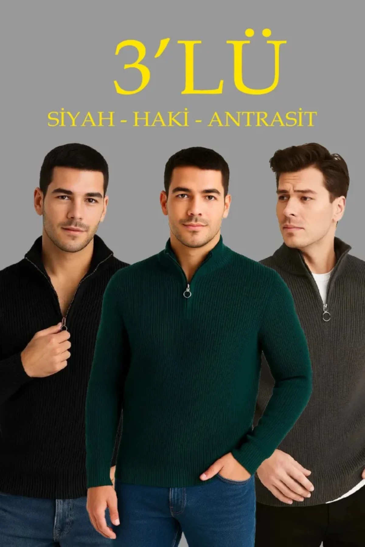 Erkek Fitilli Triko Kazak 3’lü Set – Haki, Siyah, Antrasit Kalın Dokuma Pamuklu Regular