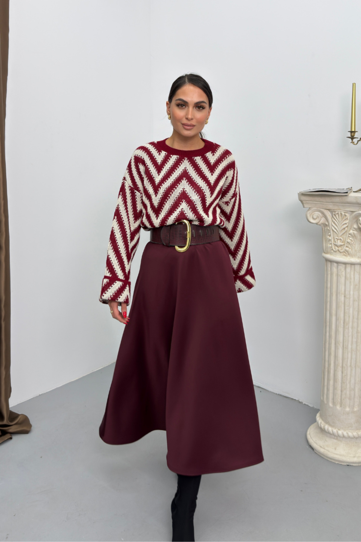 spirituel  Kadın Uzun Etek Beli Lastikli Scuba Kumaş Düz Renk A Kesim Çan Etek - Görsel 3