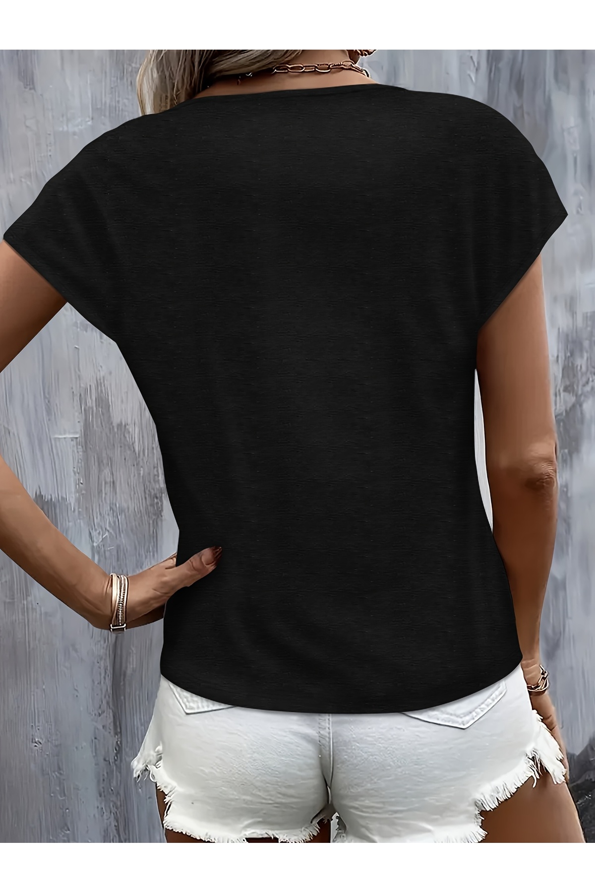 mercoledi  Star Baskılı Kadın V-Yaka Kolsuz Salas T-shirt Boyfriend - Görsel 3