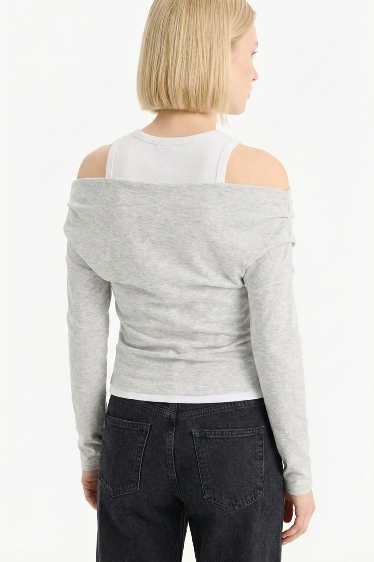 VODENS  Slim Fit Dar Kesim Tek Omuzlu Çift Katmanlı Ribana Pamuk Uzun Kollu Tişört - Görsel 2