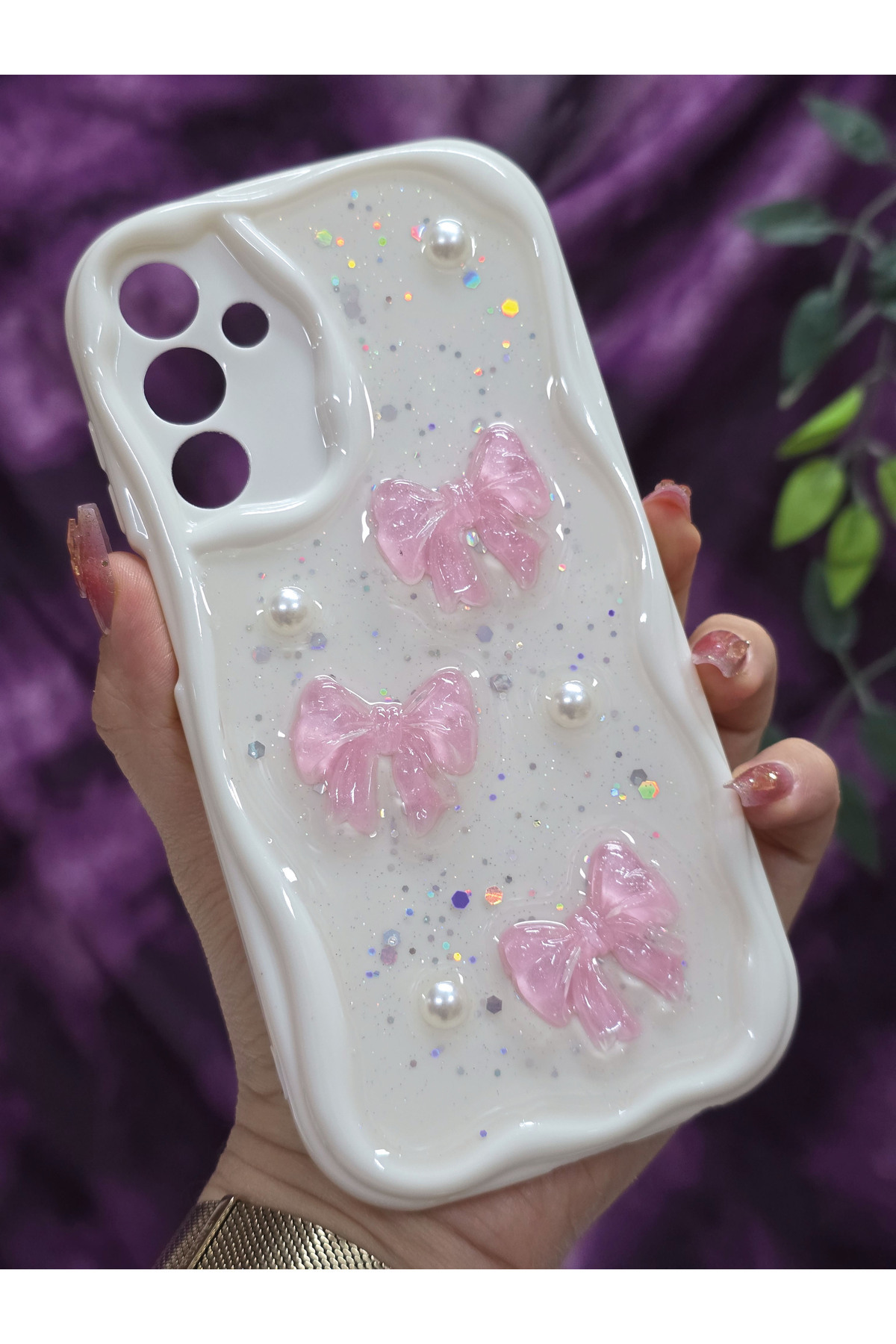 Samsung Galaxy A15 Compatible Pink Bow & Pearl Detailed Silvery Epoxy Phone Case