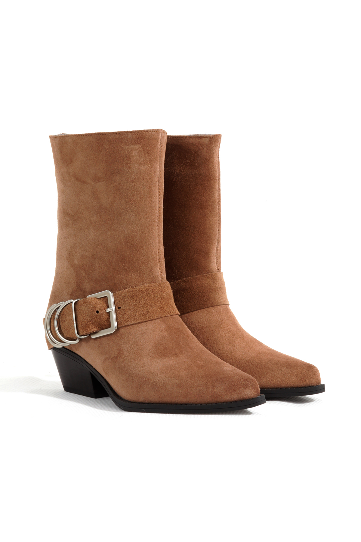 SHOES Detachable Buckle Detailed Women's Stylish Casual Pointed Toe Thick Heels Tan Cowboy Boots