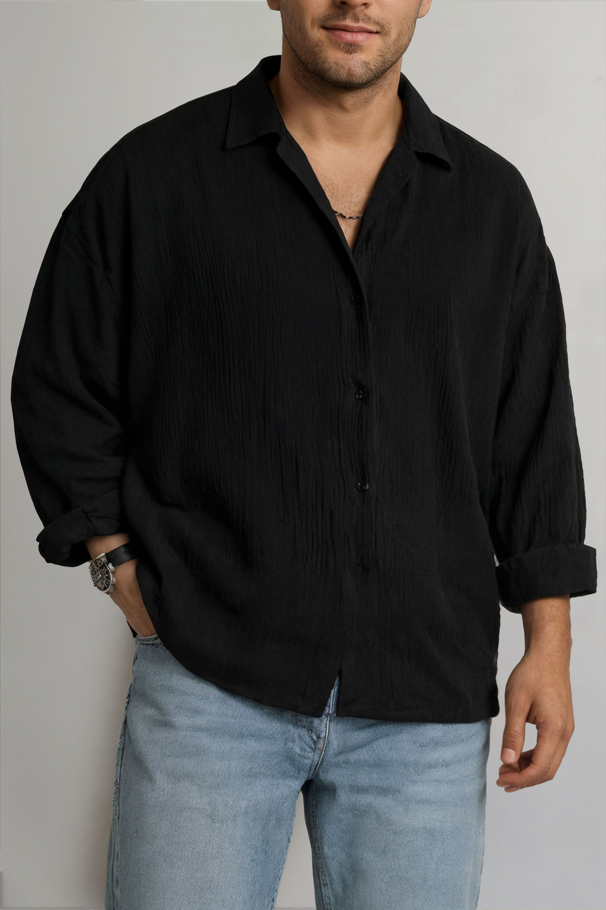 ECOTİQUE  Erkek İnce Terletmez Oversize Siyah Bürümcük Kumaş Ütü Gerektirmez Gömlek Yeni Sezon