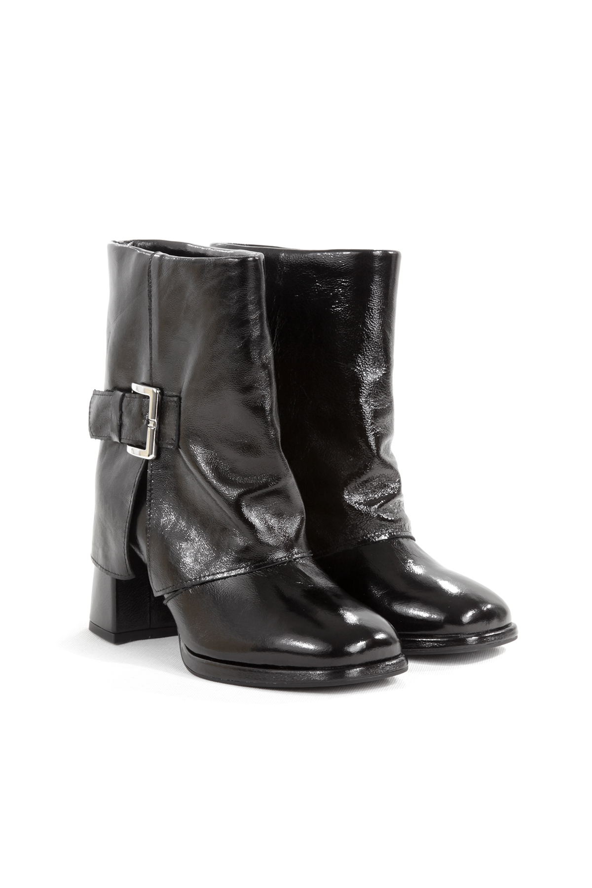 Black Genuine Leather Buckle Thick Heels Premium Stylish Casual Women's Boots Trend