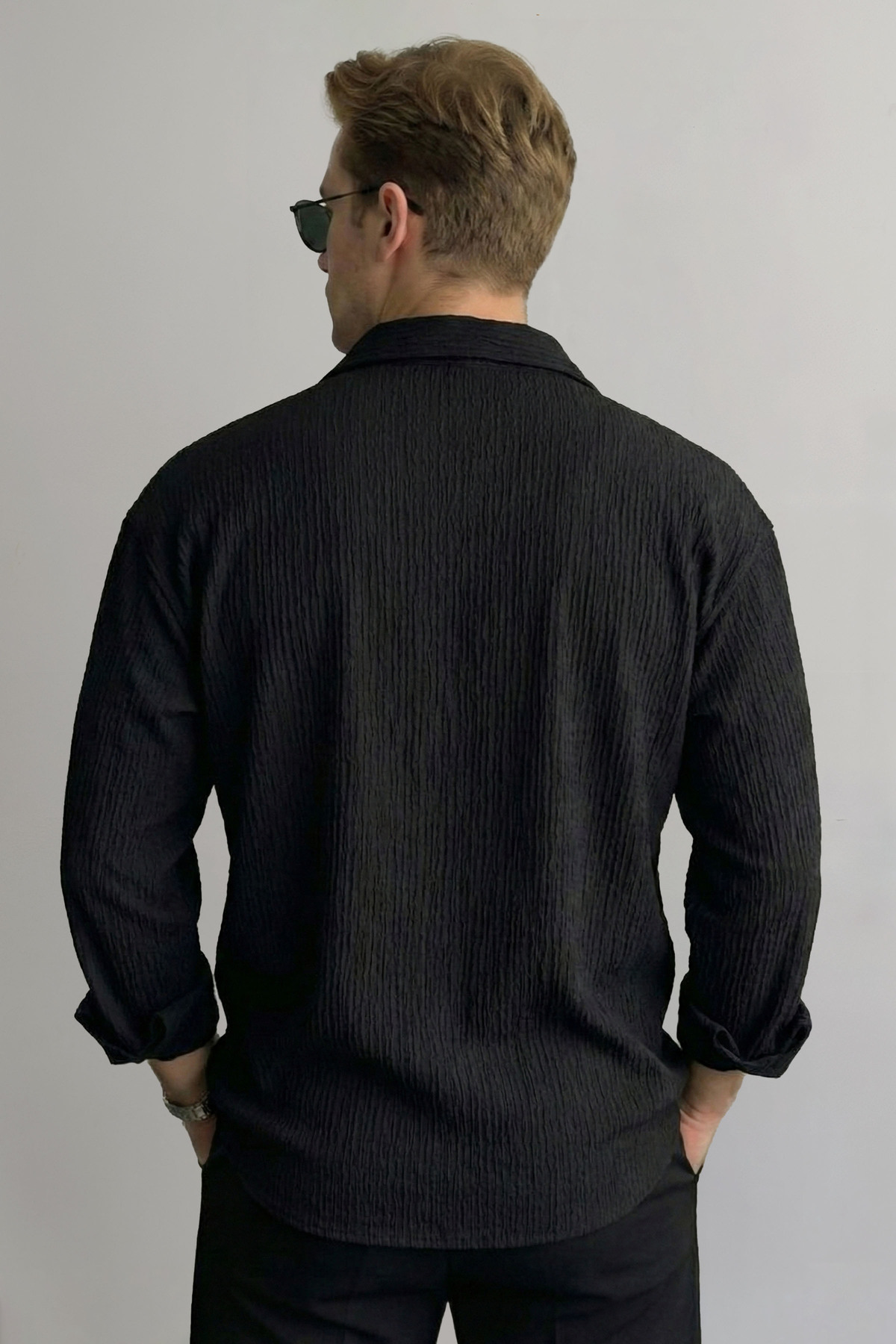 ECOTİQUE  Erkek İnce Terletmez Oversize Siyah Bürümcük Kumaş Ütü Gerektirmez Gömlek Yeni Sezon - Görsel 5