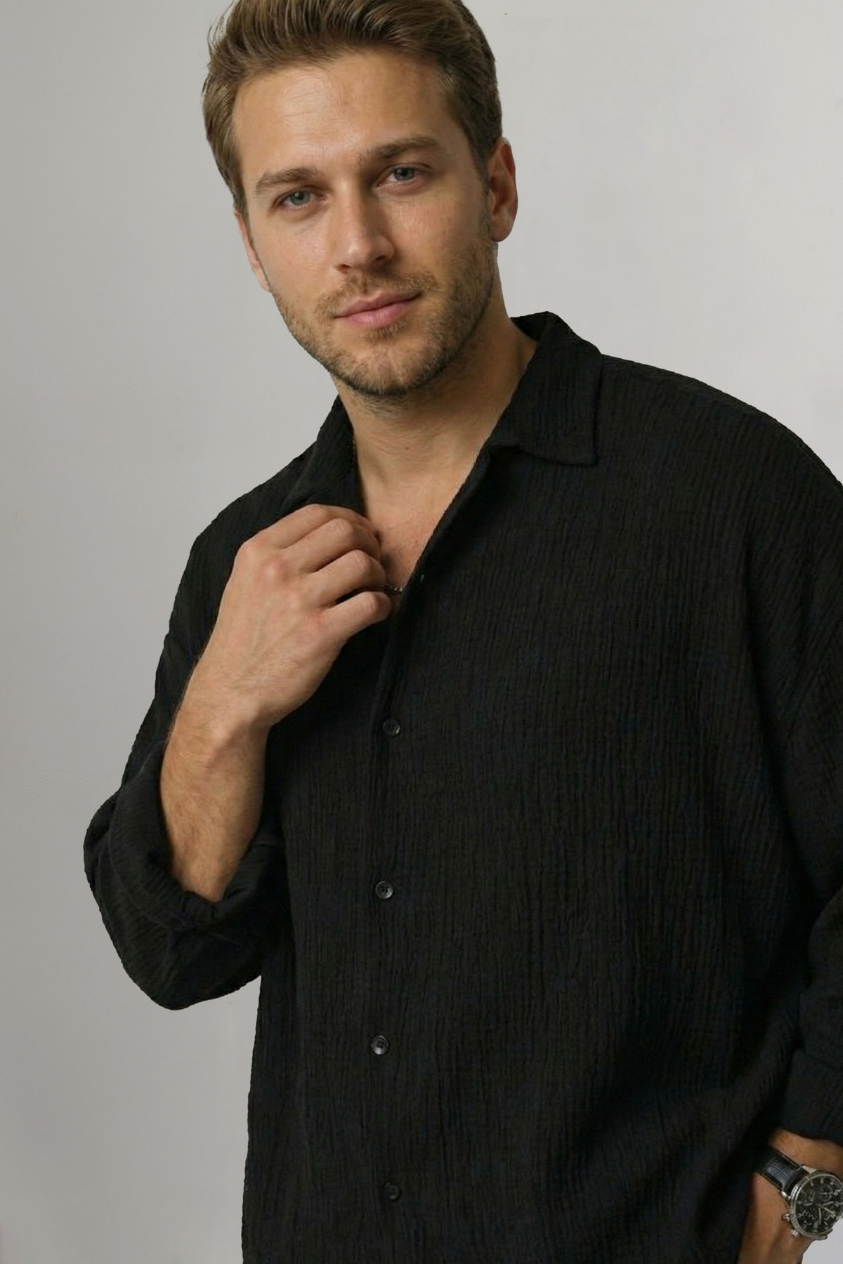 ECOTİQUE  Erkek İnce Terletmez Oversize Siyah Bürümcük Kumaş Ütü Gerektirmez Gömlek Yeni Sezon - Görsel 3