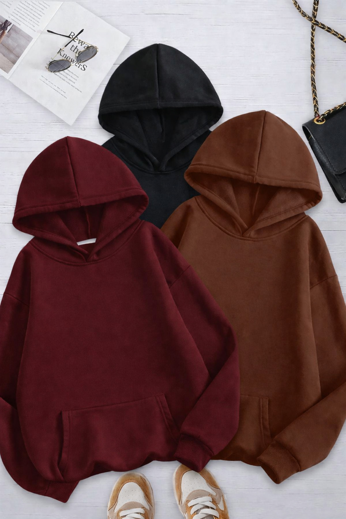 BYMEER  3’lü Kahve Bordo Siyah Kapüşonlu Oversize Sweatshirt