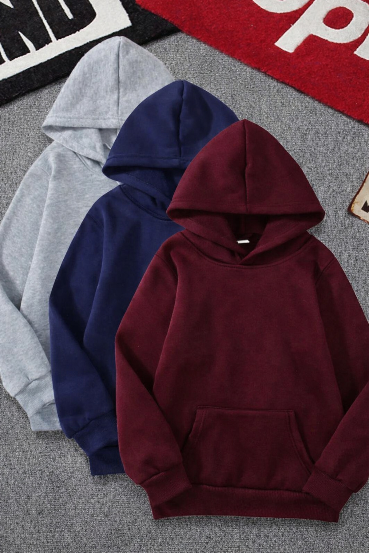 BYMEER  3’lü Bordo Laci Gri Kapüşonlu Oversize Sweatshirt