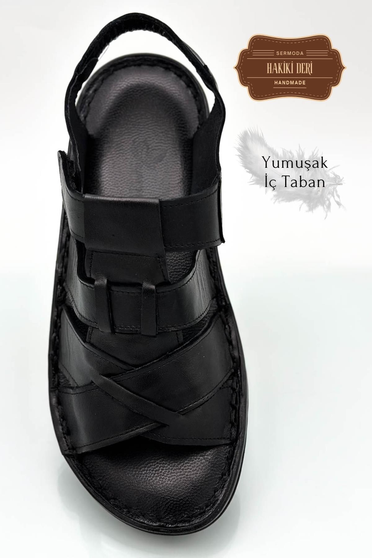 lil amore Hakiki Gerçek Deri Cırtlı Erkek Sandalet Çapraz Siyah