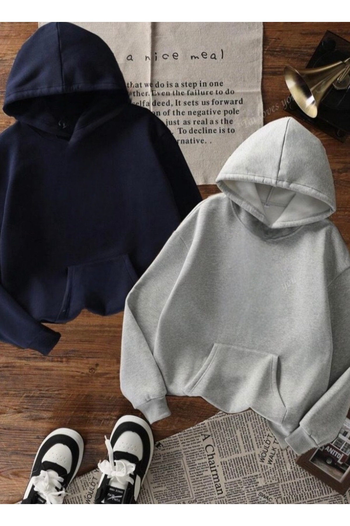 BYMEER  3’lü Bordo Laci Gri Kapüşonlu Oversize Sweatshirt - Görsel 4