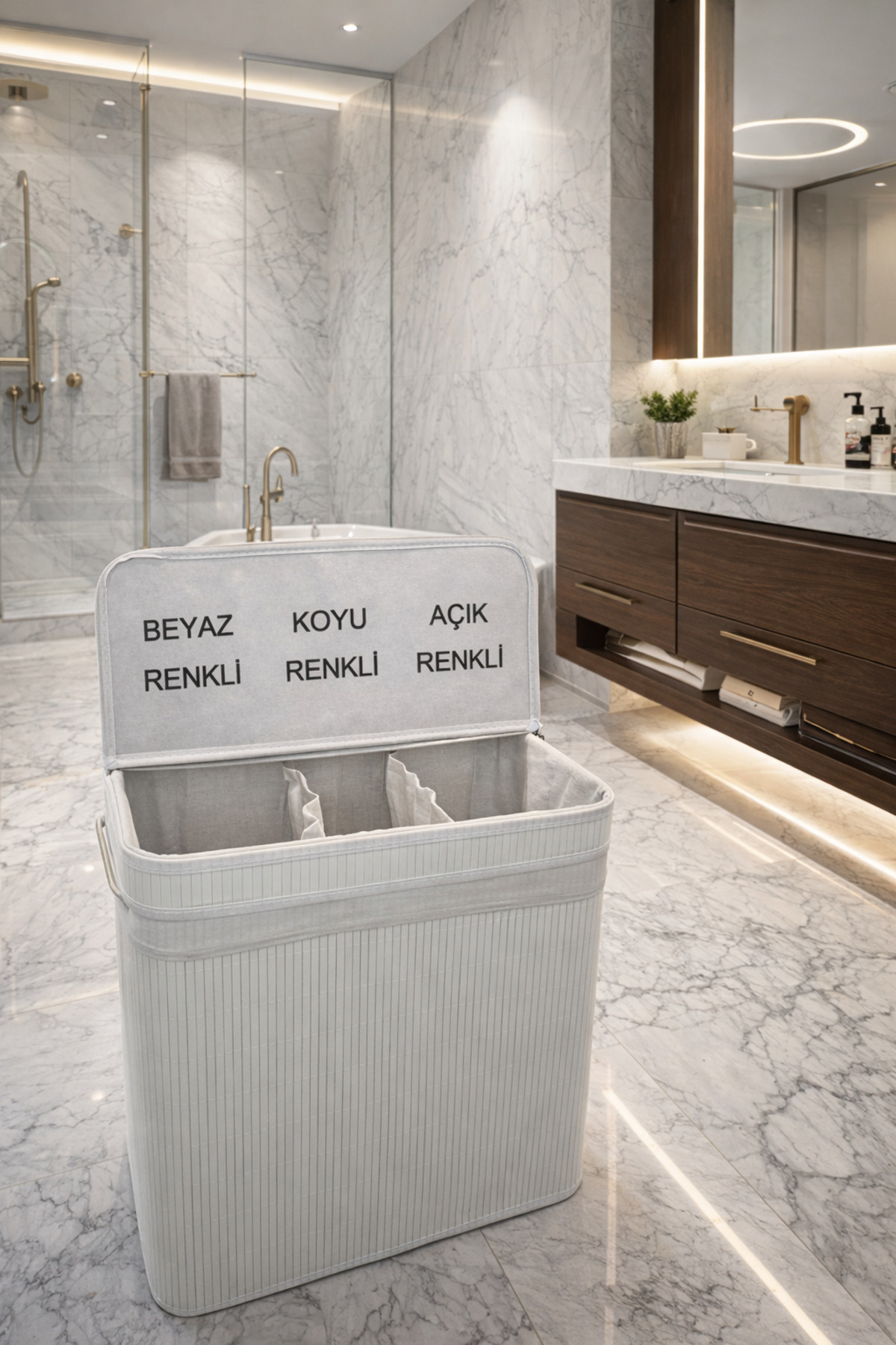 Tuğrastore Lüks Bambu 3 Bölmeli Çamaşır Kirli Sepeti 52x32x60cm Büyük Boy 100 Litre