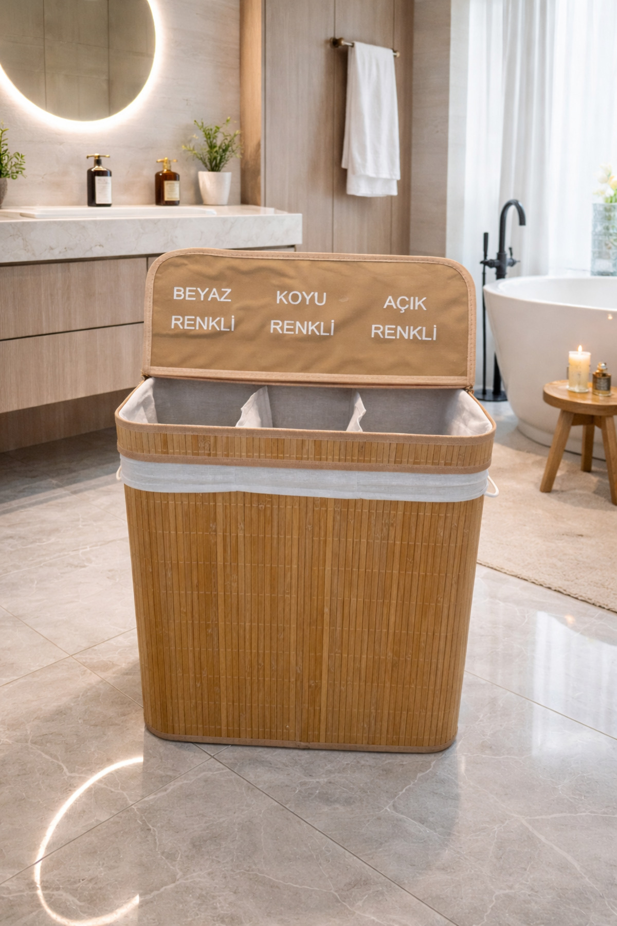 Luxury Bamboo 3 Compartment Laundry Dirty Basket 52x32x60cm Large Size 100 Liters