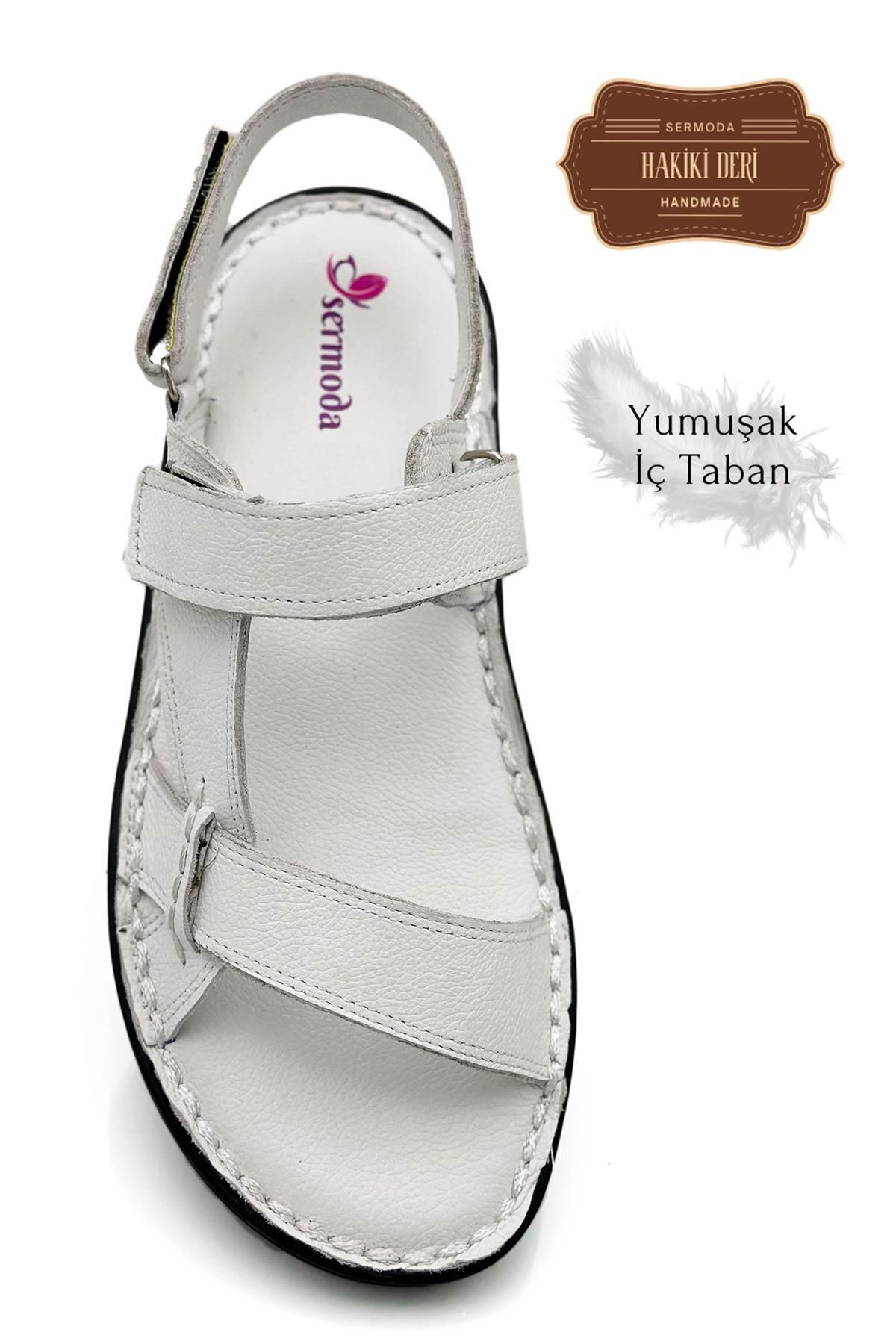 lil amore Hakiki Gerçek Deri Cırtlı Erkek Sandalet Şırıngıl Beyaz
