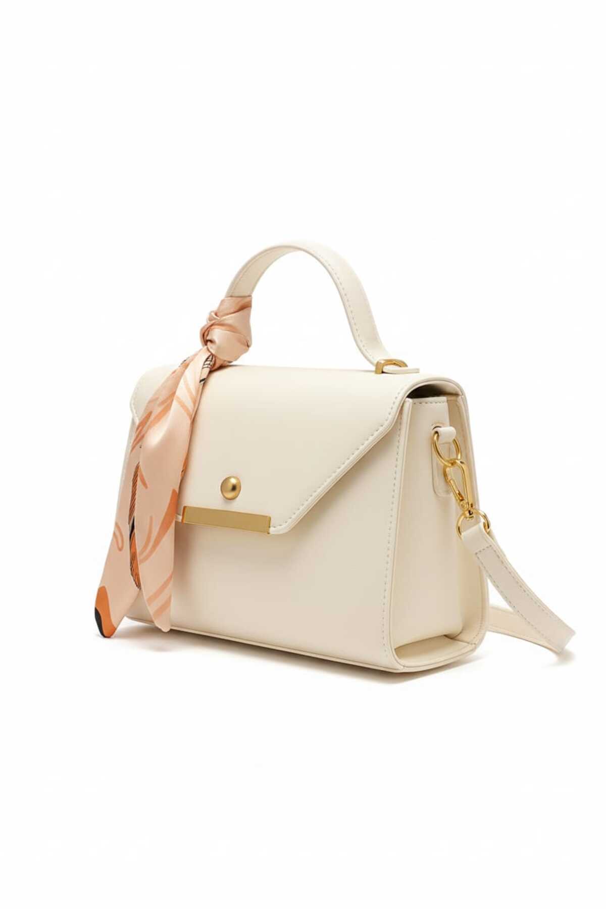 METEBAGS  Krem Suni Deri Fular Detaylı Omuz& El Çantası - Görsel 3