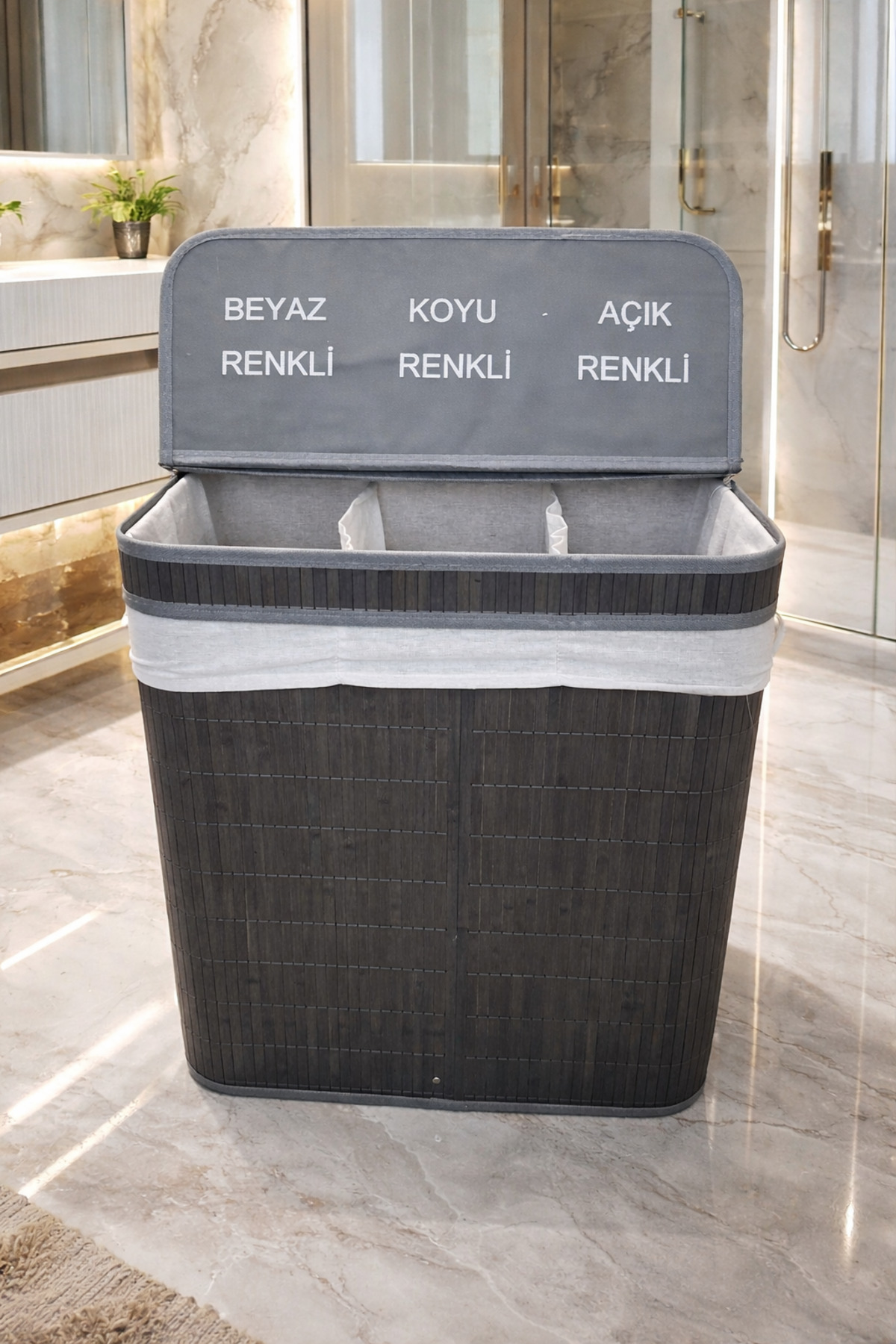Tuğrastore Lüks Bambu 3 Bölmeli Çamaşır Kirli Sepeti 52x32x60cm Büyük Boy 100 Litre