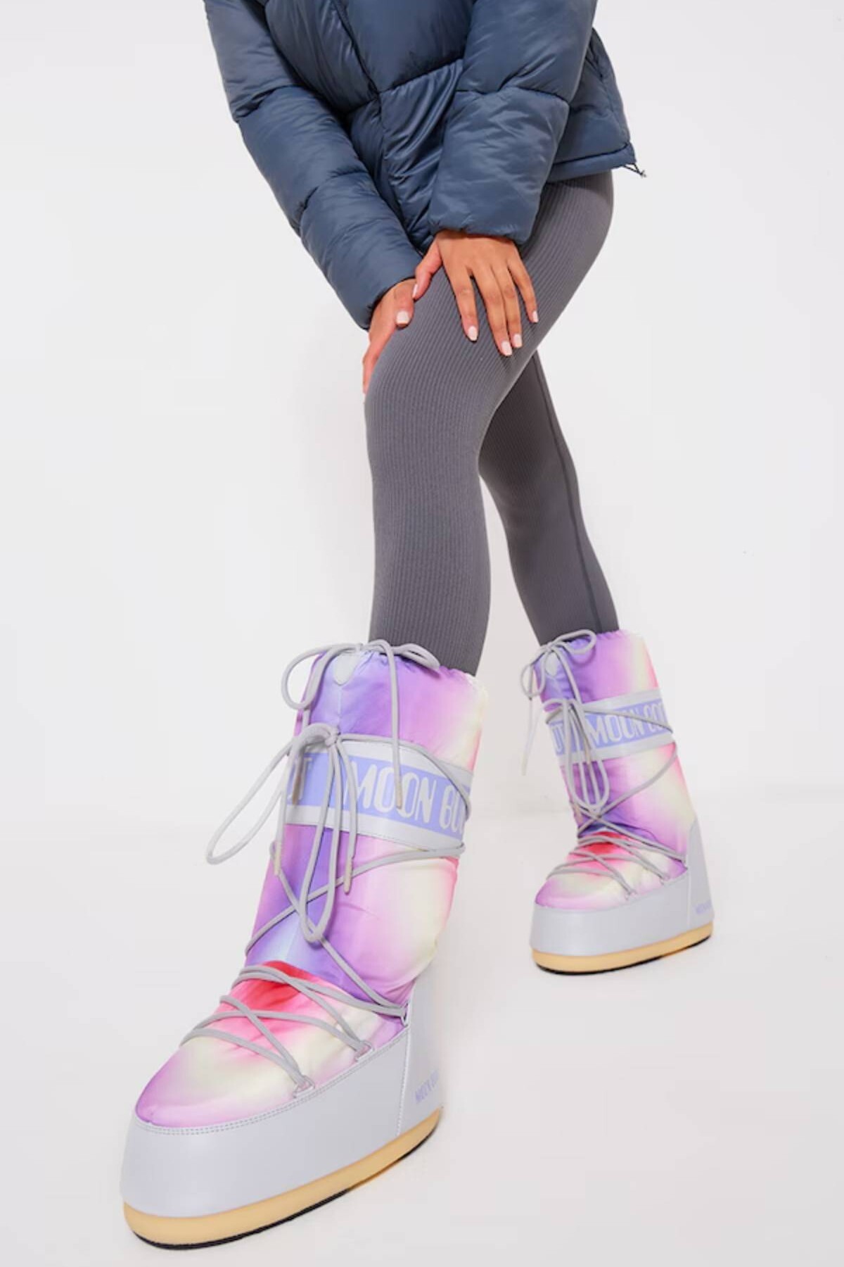 MOON BOOT Mb Icon Tie Dye Glacier Gray Snowboot Mor Kırmızı Sarı Batik Kadın Uzun Bot Gri görsel 5