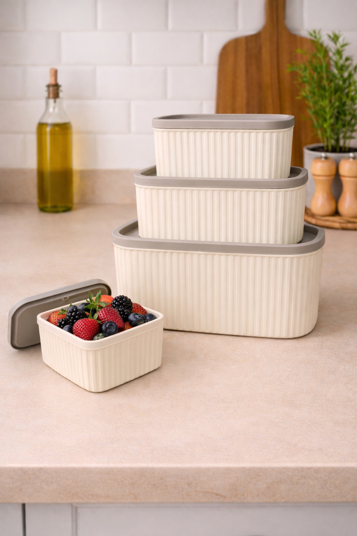 VALENT 4'lü Çizgili Dikdörtgen Saklama Seti Bej | 3LT 1.8LT 1LT