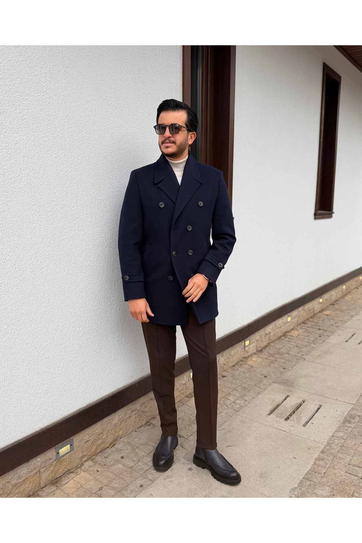 Avni Ceylan  Erkek Premium Çift Düğmeli Slim Fit Kruvaze Kaban - Görsel 4