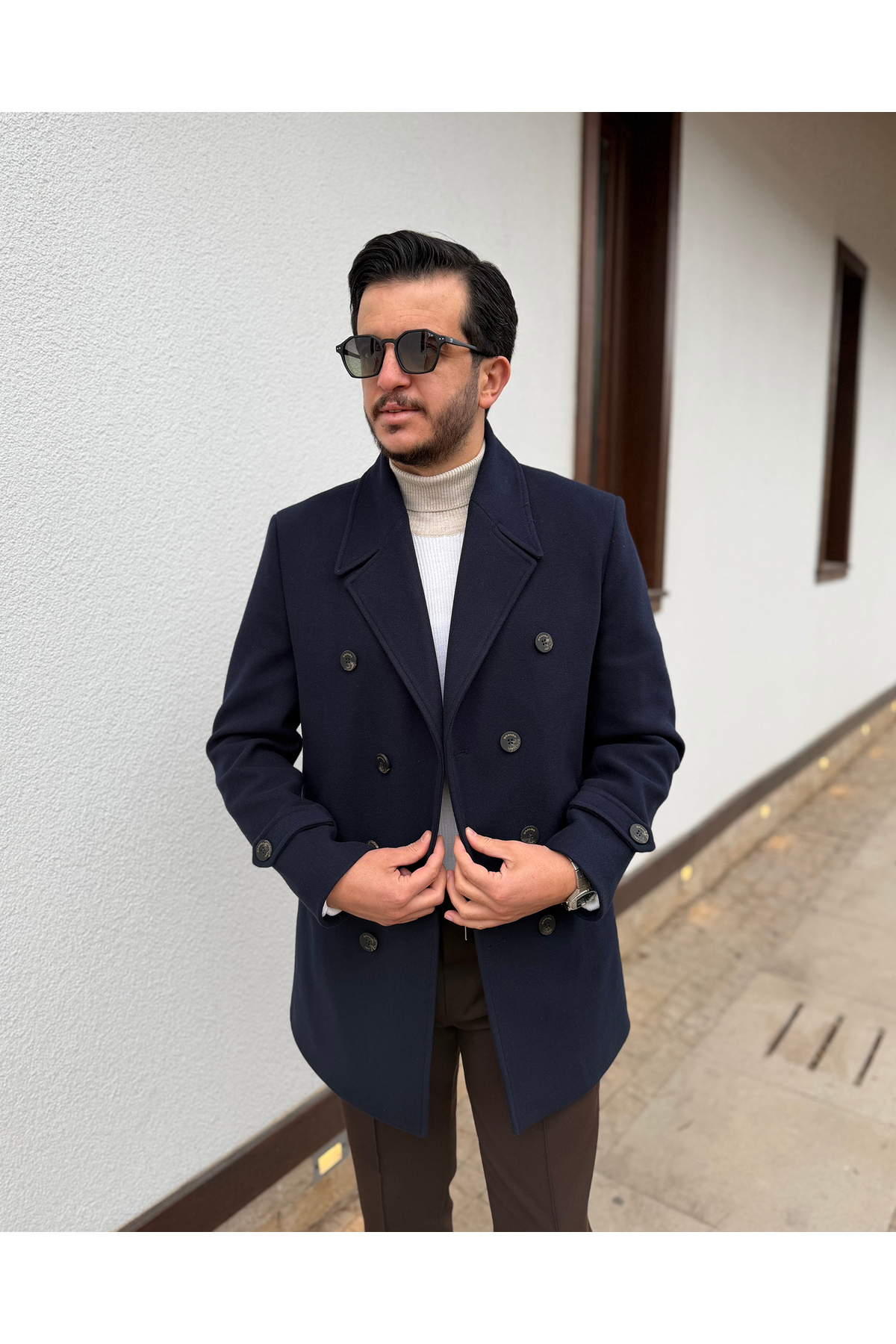 Avni Ceylan  Erkek Premium Çift Düğmeli Slim Fit Kruvaze Kaban