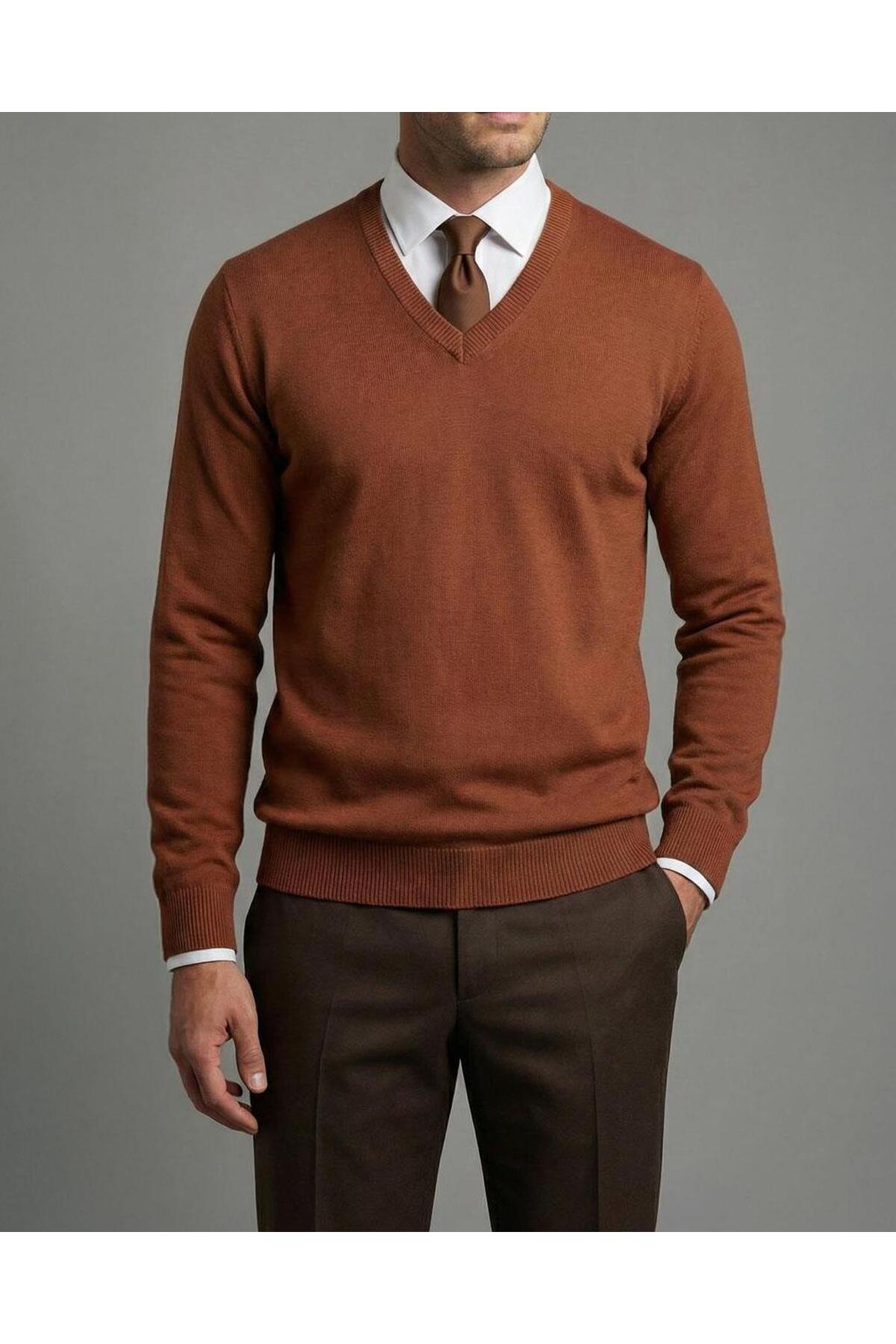 İtalyan stil slim fit erkek V yaka triko kazak kiremit T13270 — زرشکی