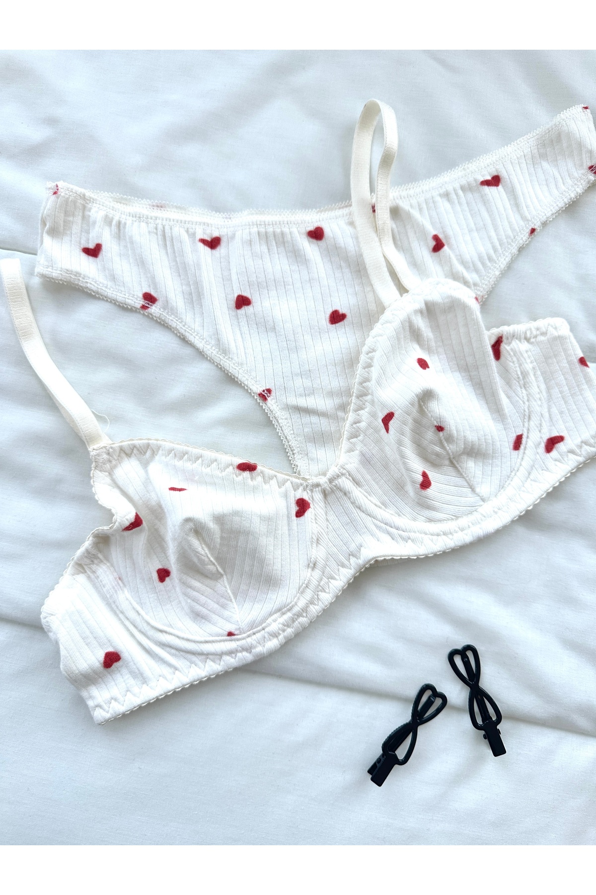Cotton Red Heart Underwire Bra Set