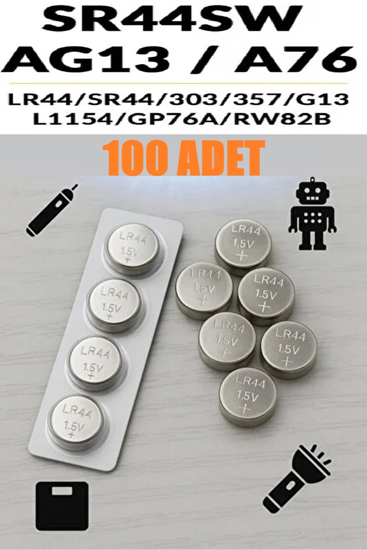 100 Adet 100'Lü AG13/LR44/A76/357A Düğme Pil 1,5 V Saat Lazer Oyuncak Pili Alkalin Düğme Pil
