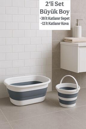 Funny Life Büyük Boy Katlanır Set - 38 lt Katlanır Çamaşır Sepeti , 12 lt Kat...