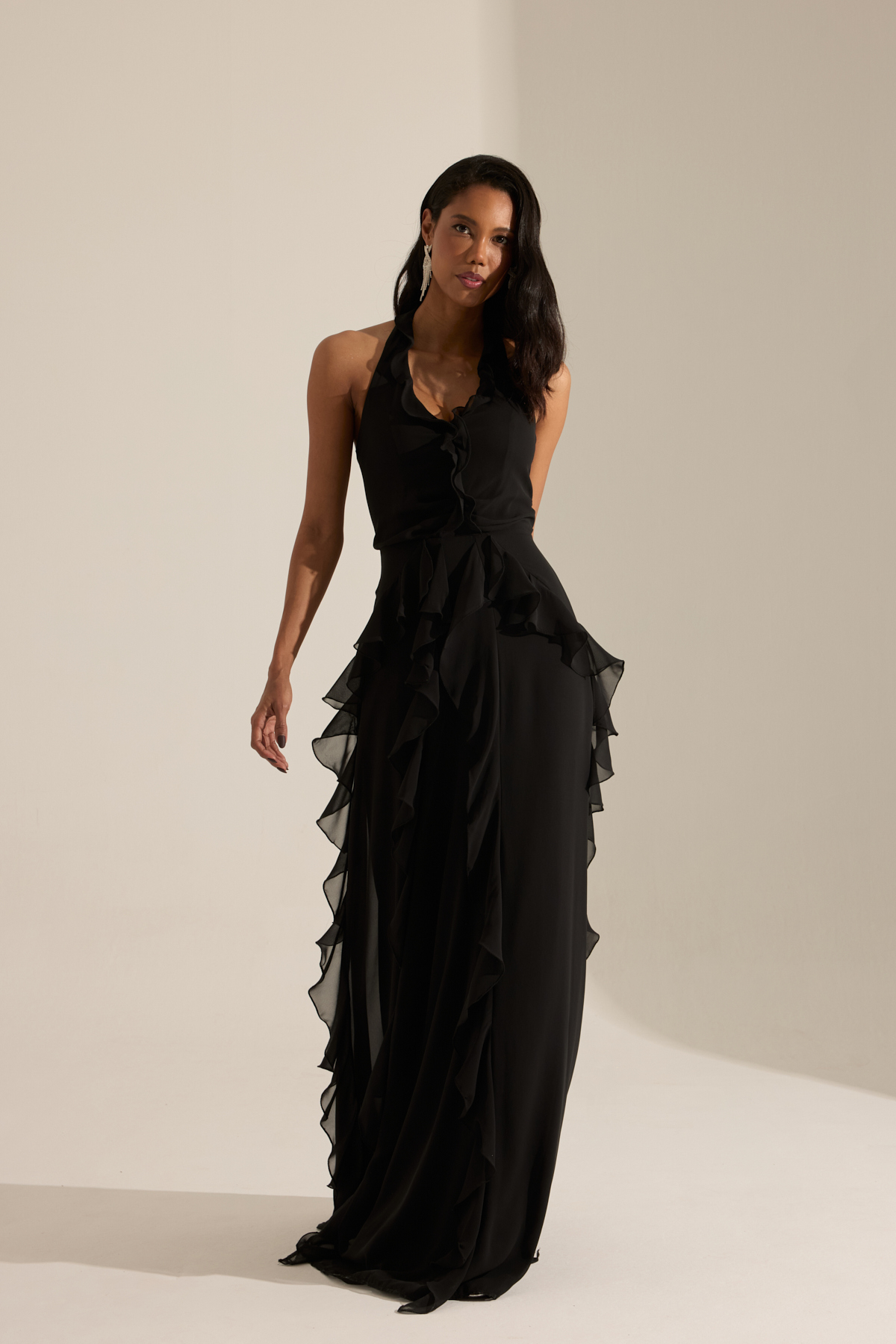 Mattina Black Ruffle Chiffon Dress