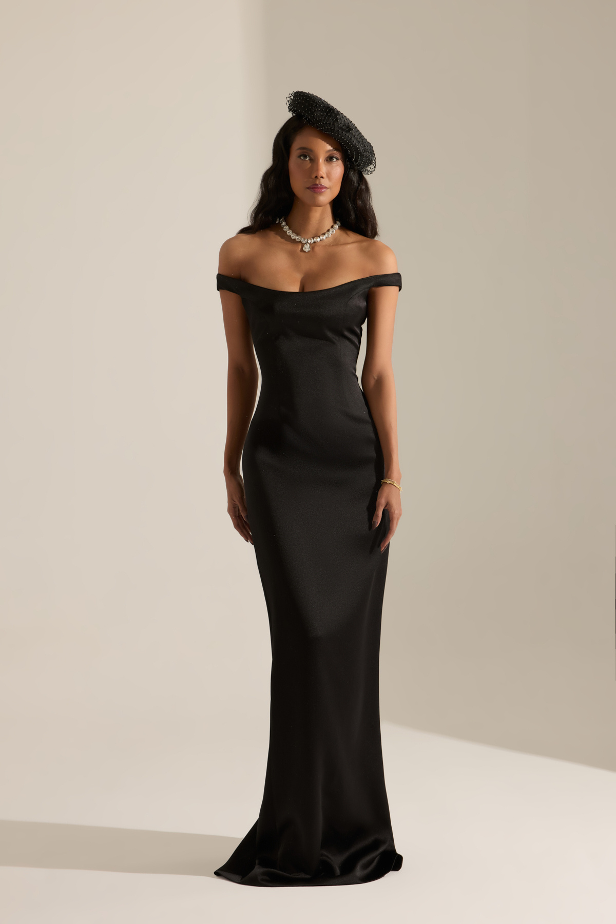 Marsala Black Satin Evening Dress